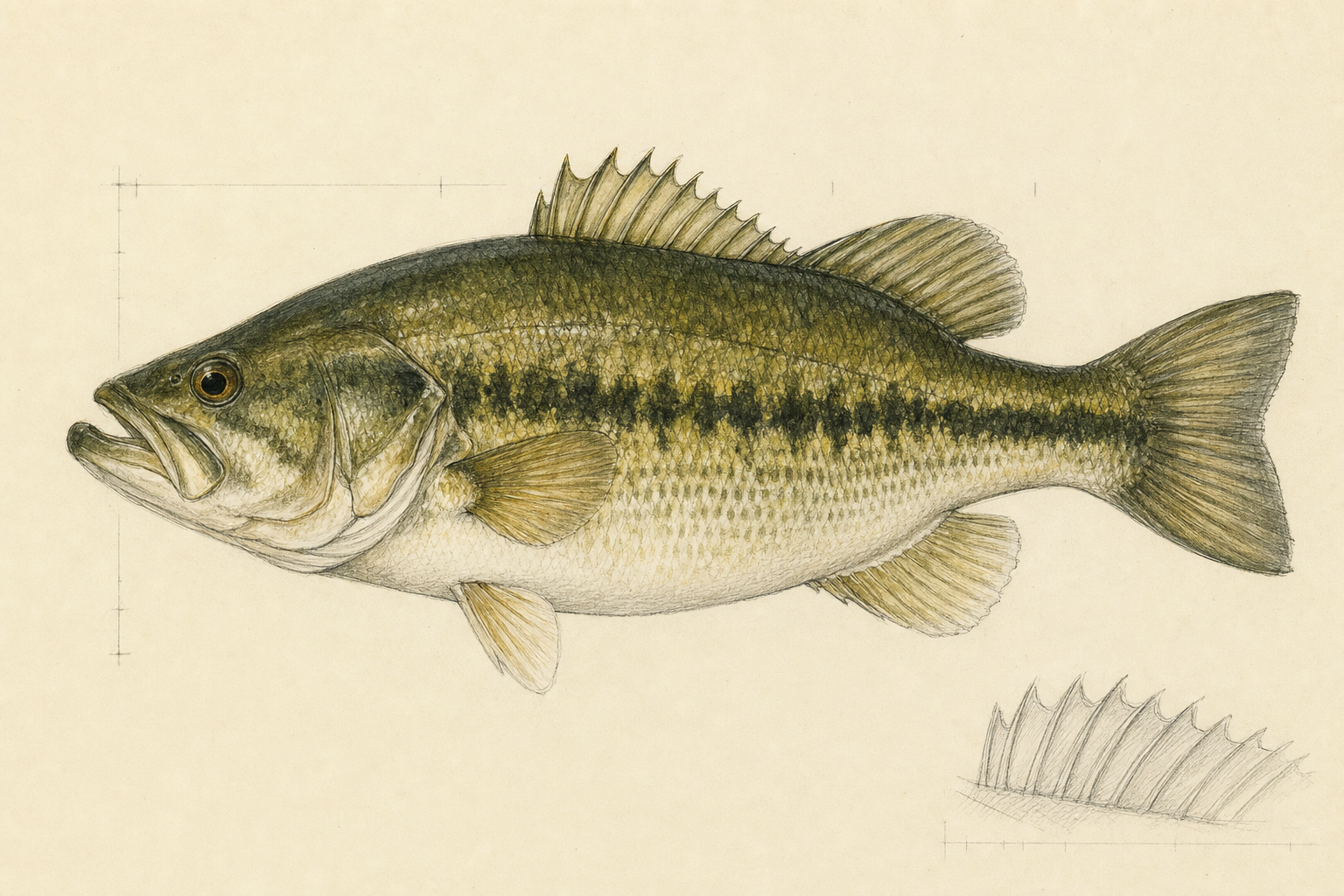 Original graphite and watercolor largemouth bass specimen illustration