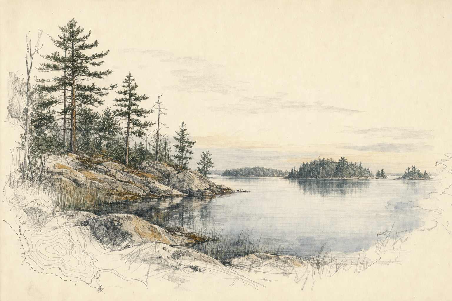 Ink and watercolor study of a quiet pine-lined lake