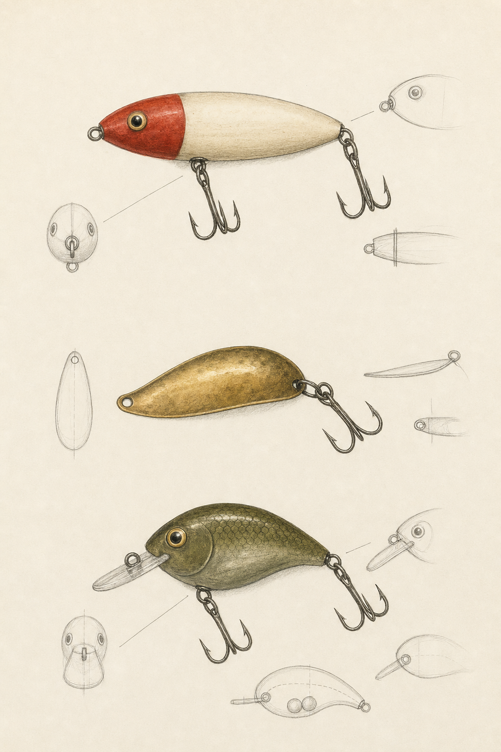 Pencil and watercolor studies of a wooden minnow plug, brass spoon and crankbait